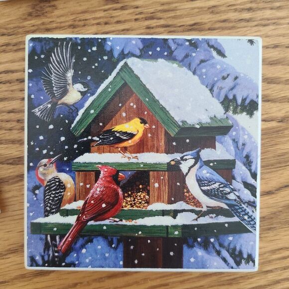 Set Of Four Ceramic Tile Coasters Artwork "Winter Feast" by William Vanderdasson - Picture 4 of 7